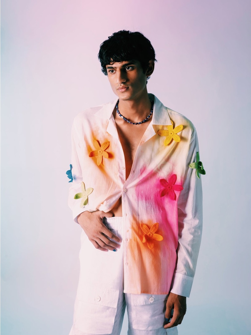 Perte D’Ego Bleeding Flowers Men's White Shirt with Multicolor Rainbow Size M